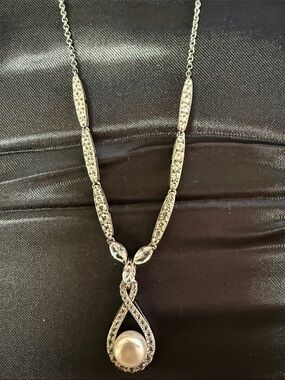 Kay Jewelers Silver-Tone Pearl Drop Necklace with Clear Stones
